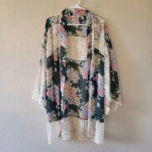 Laurie Felt Floral Lace Kimono Open Cardigan Size Medium Sheer Bohemian Colorful
